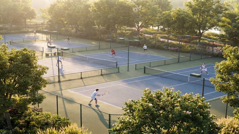 Cụm sân tennis và pickleball giữa cây xanh, phối cảnh tại Vinhomes Saigon Park