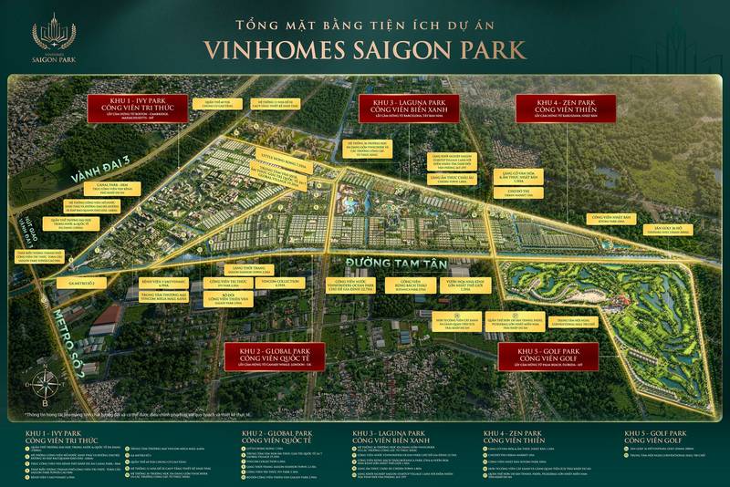 Tổng mặt bằng tiện ích Vinhomes Saigon Park chia 5 khu: Ivy Park, Global Park, Laguna Park, Zen Park, Golf Park