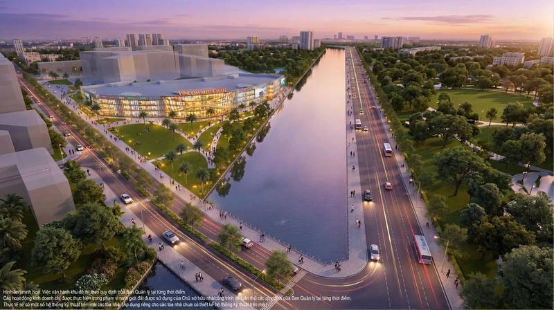 Phối cảnh trung tâm thương mại Vincom bên kênh lúc chạng vạng tại Vinhomes Saigon Park