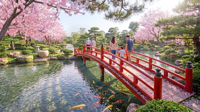 Vườn Nhật cầu gỗ đỏ bên hồ cá koi và hoa anh đào, phối cảnh tại Vinhomes Saigon Park